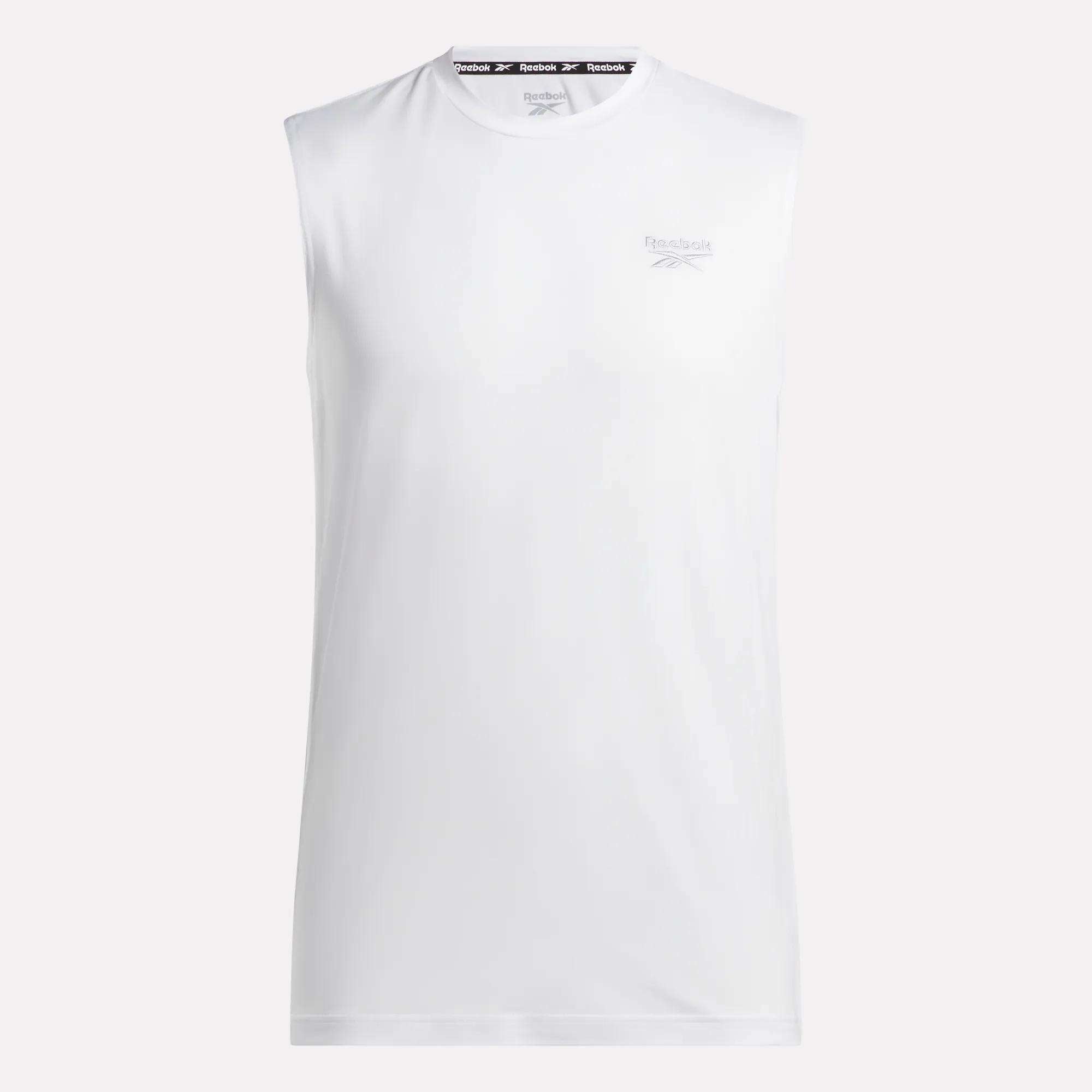 The Reebok Men's Elite Sleeveless Top, shown against a light background, features a crew neck, flex knit cotton material, and a subtle upper-left chest logo.