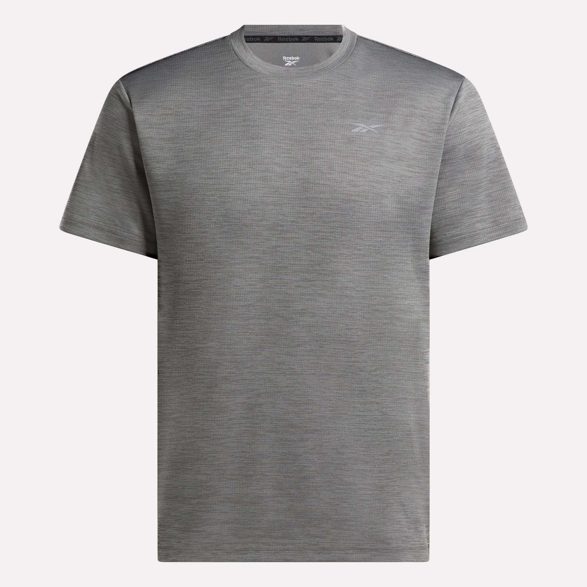 The Reebok Men's Director Short Sleeve Top is a plain gray training t-shirt with a subtle left-chest logo, shown on a light background. Its stretchy fabric makes it ideal for men's workout routines.