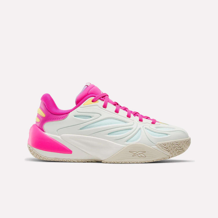 Introducing the Reebok x Barbie x Angel Reese 1 Shoes for big kids—a stylish sneaker from Reebok featuring a chalk (white) base with vibrant pink and purple accents, inspired by the playful flair of Barbie basketball sneakers. The design showcases a sculpted sole and textured outsole, combining modern athletic style with fun, colorful details.