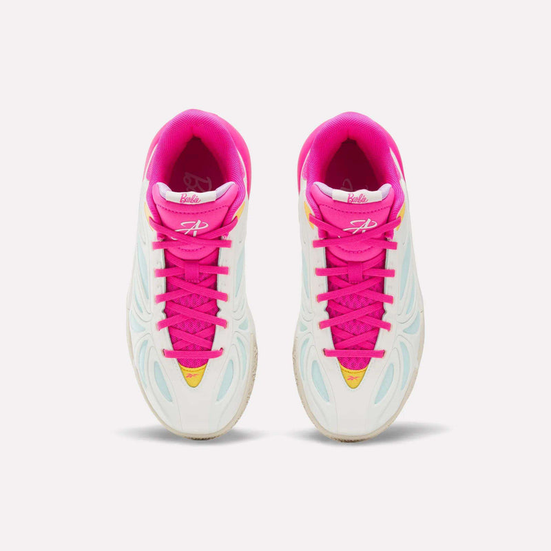 Top view of the Reebok x Barbie x Angel Reese 1 Shoes for Big Kids, featuring a sporty white design with bright pink inner lining, pink laces, and light blue accents, side by side on a white background—perfectly capturing the playful style of these Barbie-inspired basketball sneakers from Reebok.