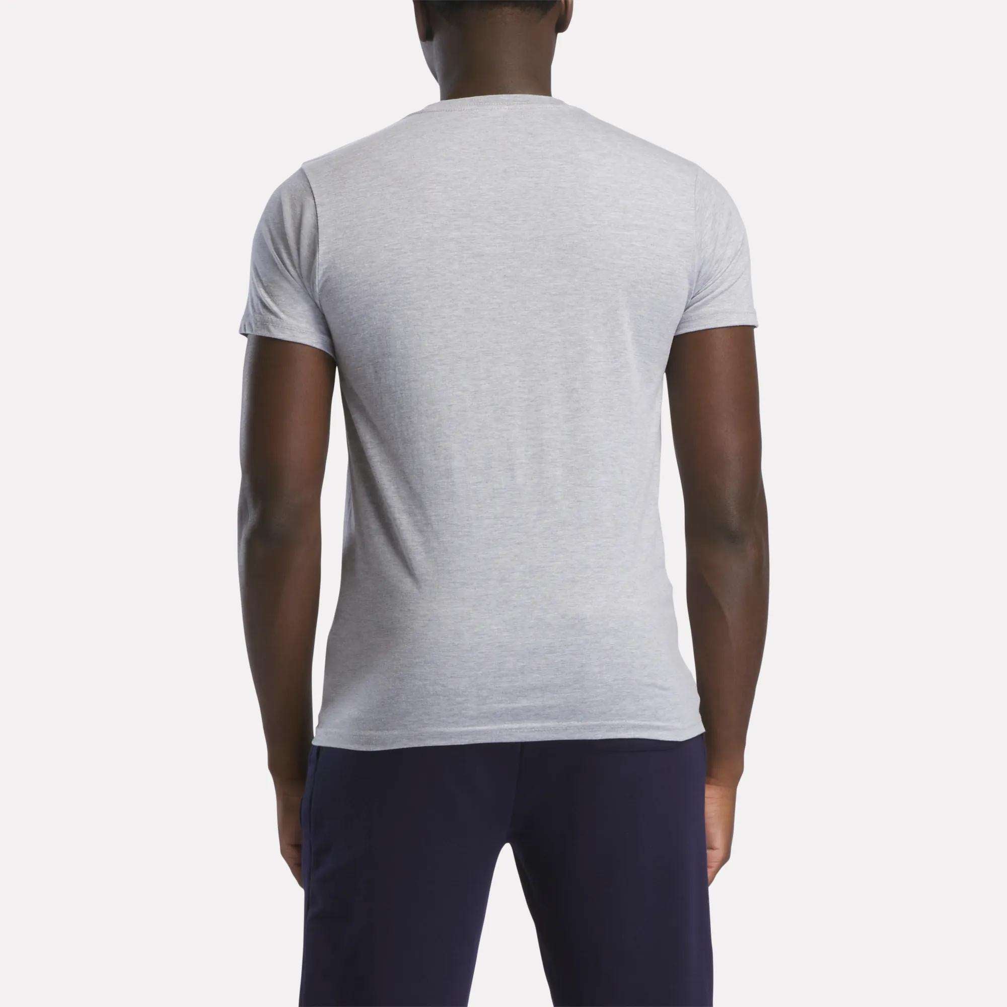 A person wearing a relaxed fit light gray Reebok Men's Small Logo T-Shirt and dark pants, shown from the back against a plain white background.