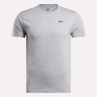 The Reebok Men's Small Logo T-Shirt features a relaxed fit, light grey color, and a small black Reebok logo on the left chest, shown against a white background.