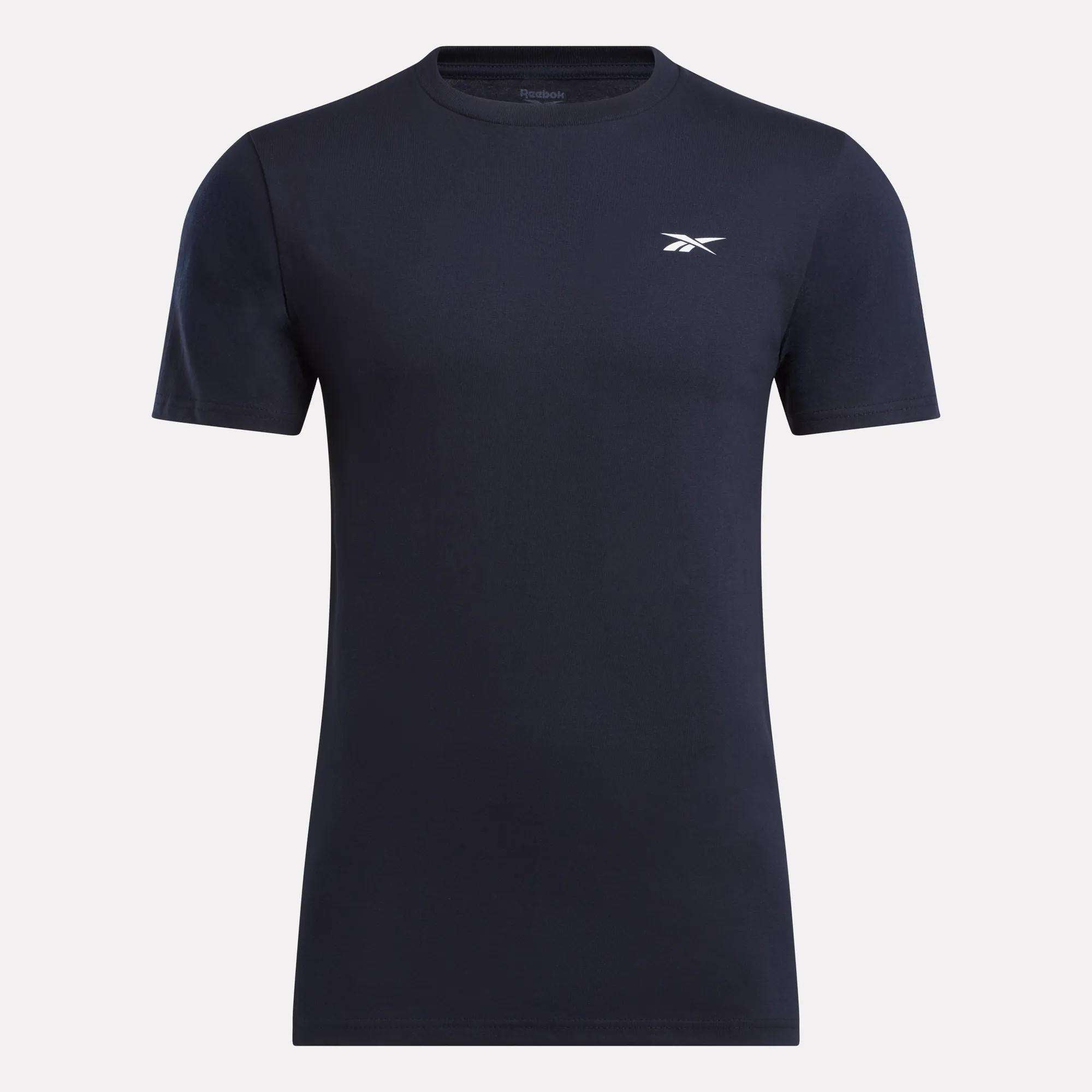 The Reebok Men's Small Logo T-Shirt features a plain navy blue relaxed fit with a small white logo on the left chest, shown on a white background.