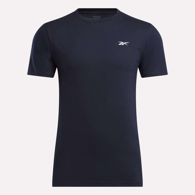 The Reebok Men's Small Logo T-Shirt features a plain navy blue relaxed fit with a small white logo on the left chest, shown on a white background.