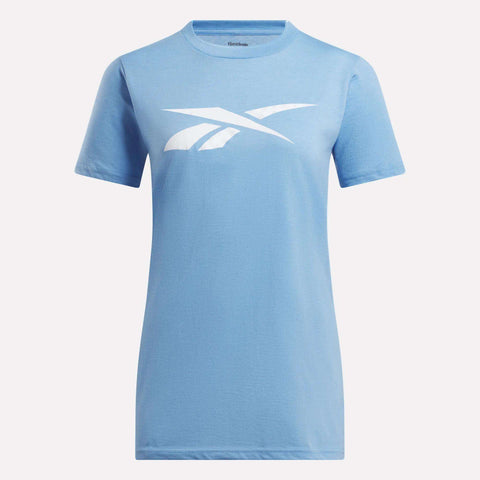 The Reebok Women's Vector Graphic T-Shirt is a light blue cotton tee featuring a large white logo across the chest, shown on a plain white background.