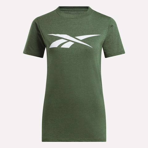 The Reebok Women's Vector Graphic T-Shirt features a plain olive green color with a large white Reebok logo across the chest, shown on a white background.
