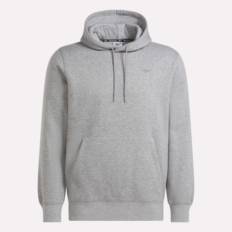 A light gray Reebok Men’s Patent Hoodie featuring a front pocket, drawstrings, and a subtle embroidered chest logo is displayed against a white background.