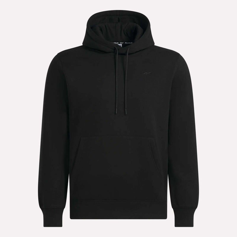 A Men’s Patent Hoodie by Reebok, in plain black with a front pocket, drawstrings, and an embroidered logo, is displayed on a white background.