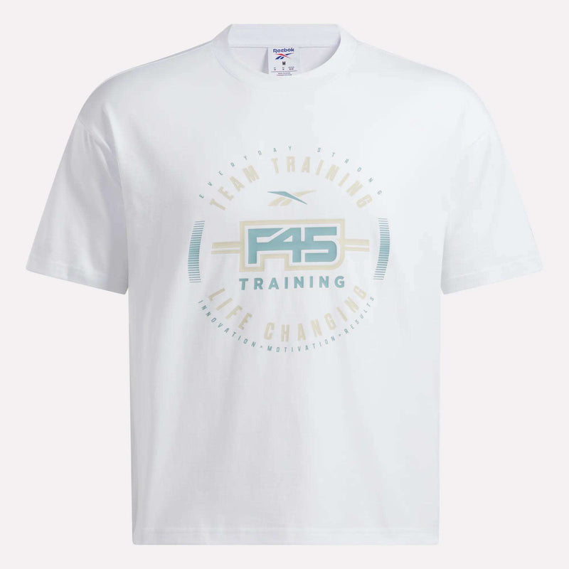 The Reebok X F45 Training Graphic T-Shirt by Reebok features the official F45 logo and circular "Team Training, Life Changing" text in soft pastel blue, tan, and beige. Designed as a men’s workout shirt with a relaxed fit, this t-shirt offers both comfort and style with no visible background for a clean look.