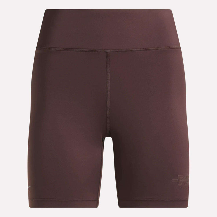 Women's Reebok x F45 Training High-Rise Biker Shorts in Dark Cocoa feature a smooth finish, visible seams, and a subtle Reebok logo on the left thigh. Perfect for your next F45 Training session, these high-waisted shorts are showcased against a plain background.