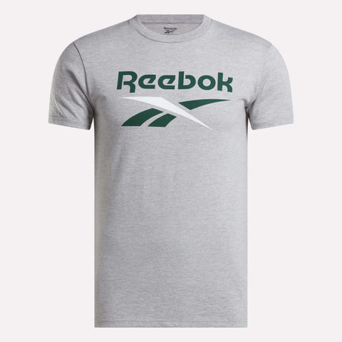 The Reebok Men's Stacked Vector Graphic T-Shirt is heather gray with a bold green and white logo on the chest. Made from 100% cotton, it features a classic crew neck and a casual, timeless design.
