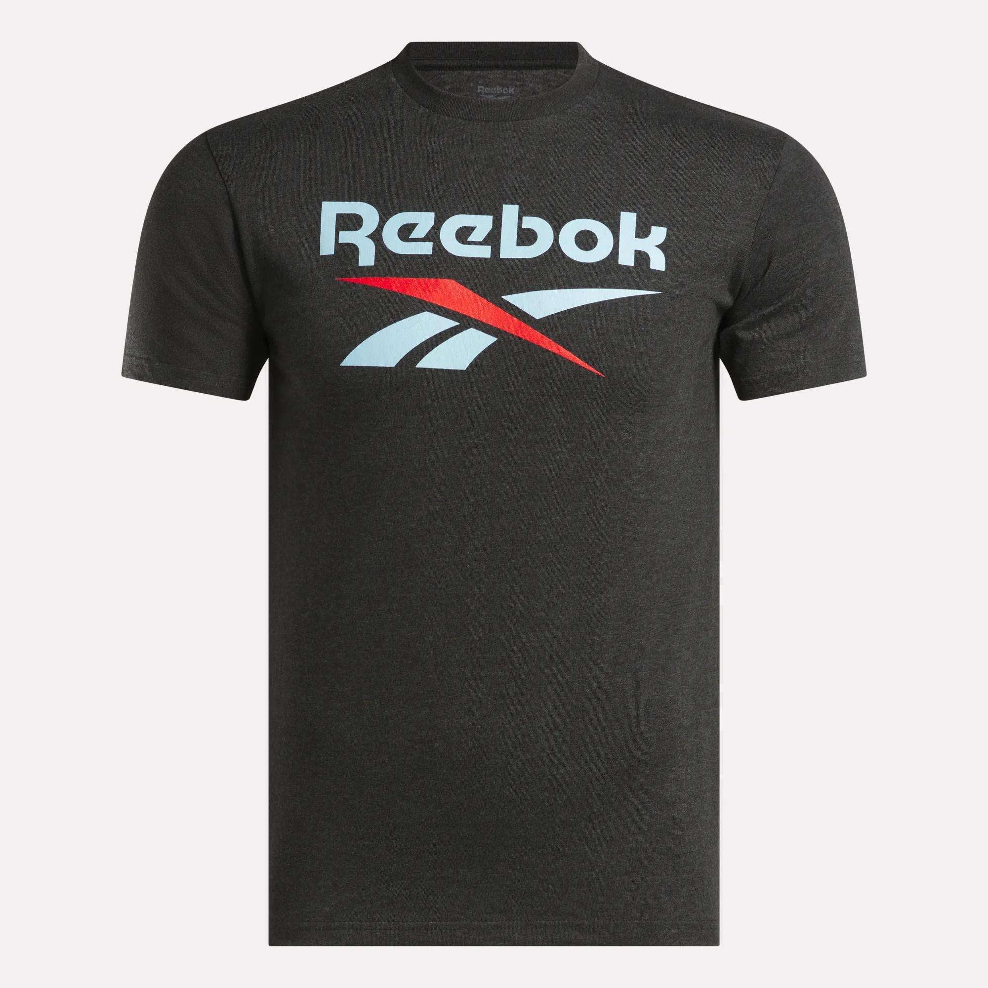 The Reebok Men's Stacked Vector Graphic T-Shirt, made from 100% cotton, is black with the iconic white and red Reebok logo across the chest, shown on a plain white background.