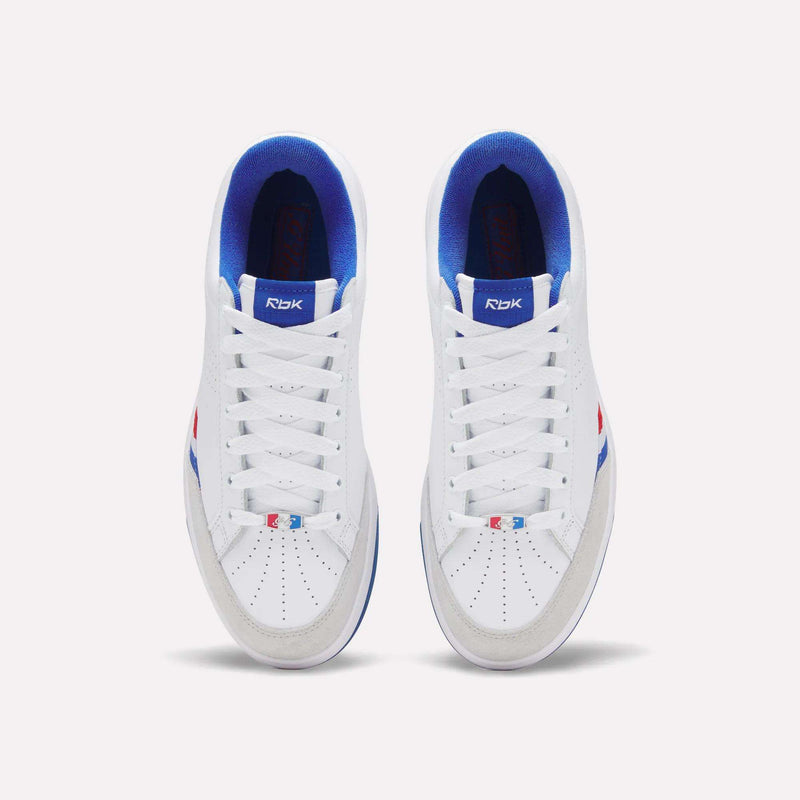 A pair of Reebok x G-Unit G6 Men’s Shoes in white, featuring blue interiors, red and blue detailing, and white laces, photographed from above on a plain white background—capturing the iconic early 2000s hip-hop vibe.