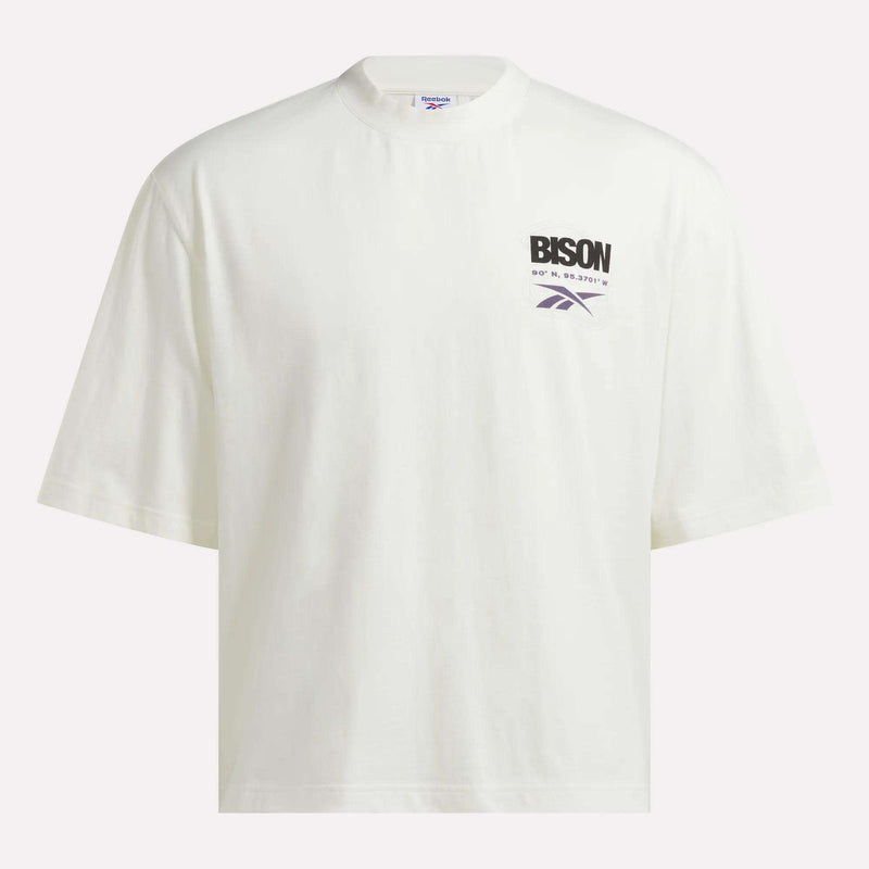 Off-white Reebok x A Herd of Bison Graphic Tee featuring a chest design that reads BISON, coordinates, and a purple logo.