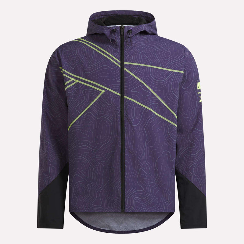 Purple Reebok x A Herd of Bison Packable Jacket with a hood and zip-up front, featuring a topographic map pattern accented by neon green geometric lines.
