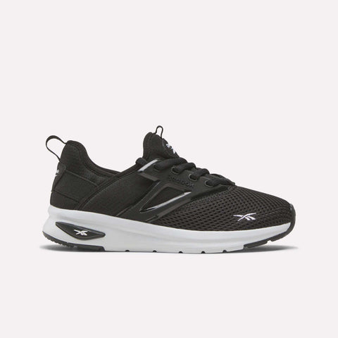The Reebok Zome Flare Shoes for little kids feature a black mesh upper, white sole, and classic white Reebok logos. Designed for active children seeking comfort, these athletic sneakers are displayed in a side profile view against a plain white background.