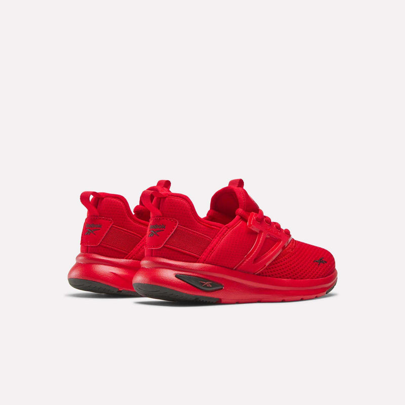 A pair of Reebok Zome Flare Shoes for little kids in vibrant red with black soles, arranged at an angle on a plain white background to display both the side and back views of these lightweight, comfortable sneakers.