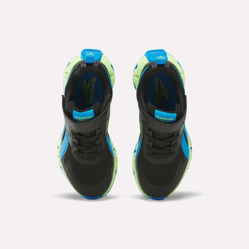 A pair of Reebok Pyro Storm 1V Shoes for little kids in black with blue and neon green accents is shown from above against a white background, highlighting the durable rubber outsole for long-lasting wear.