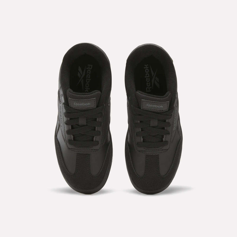 A pair of Reebok Forte Pitch Shoes - Little Kids is displayed side by side from an overhead perspective on a white background. These court-inspired sneakers feature black soles, laces, and Reebok branding on the tongue and insole.