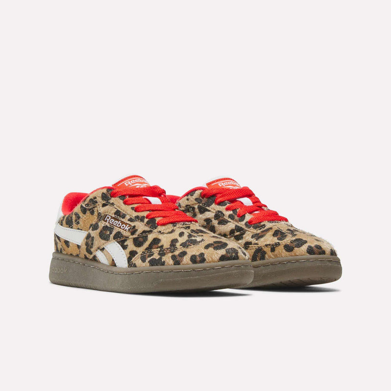 Forte Match T Shoes - Big Kids leopard print Reebok sneakers with red laces and white side stripes.
