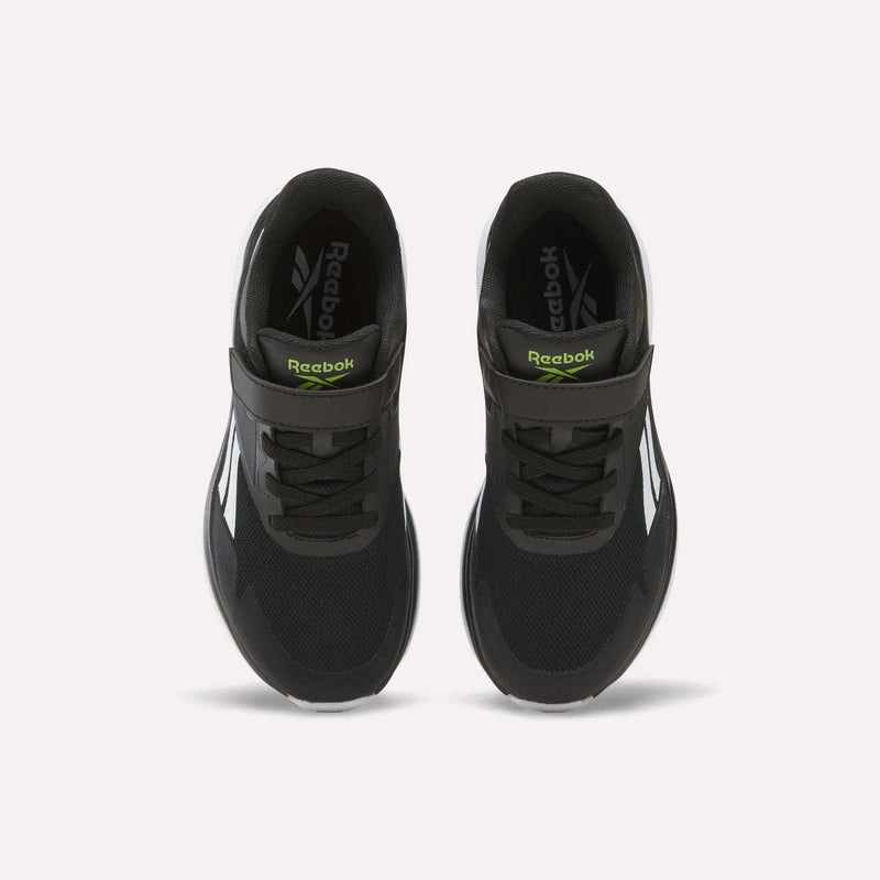 Top-down view of black Reebok Blitzr Run Running Shoes - Big Kids with hook-and-loop straps and white side logos.