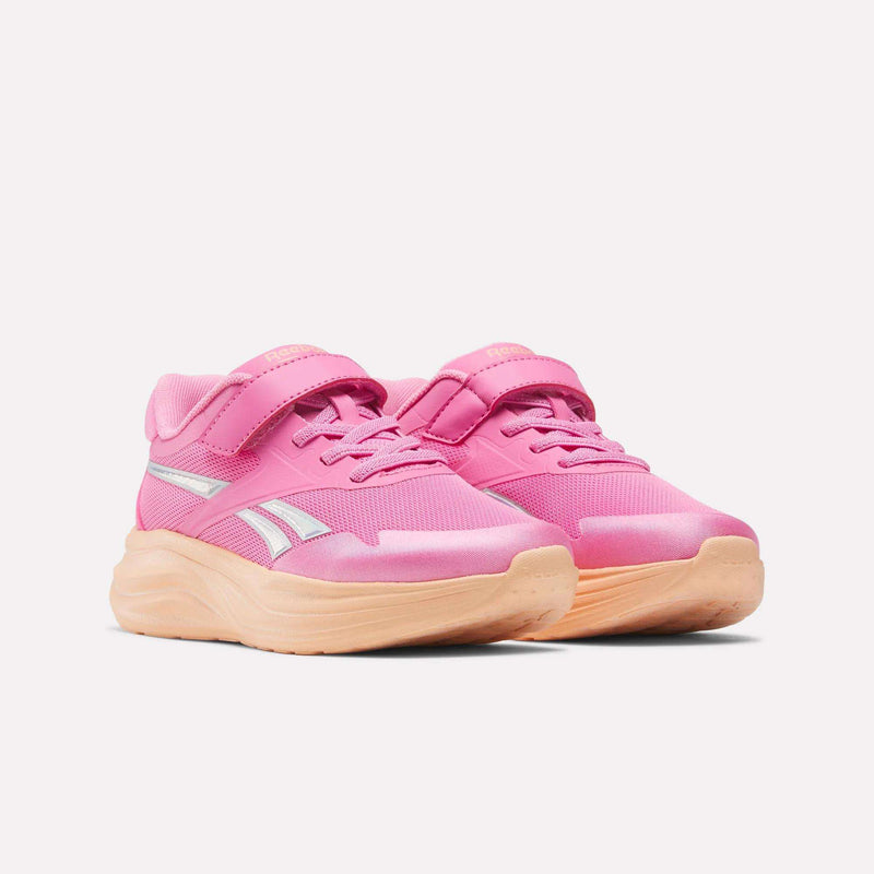 Bright pink Reebok Blitzr Run 1V Running Shoes - Little Kids with hook-and-loop straps and thick, light-colored soles.