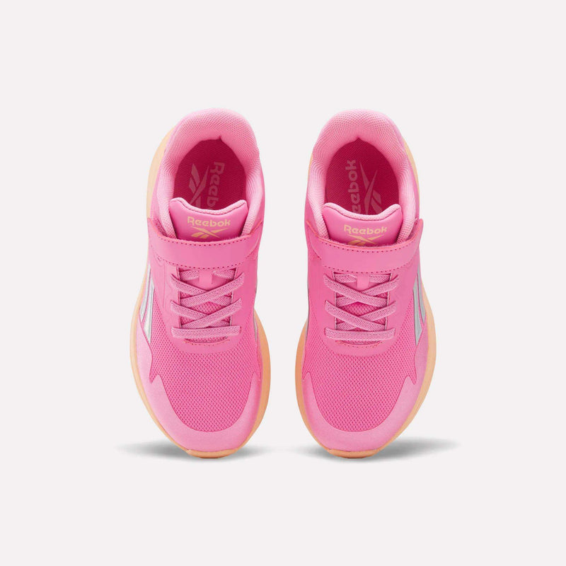 Pair of bright pink Reebok Blitzr Run 1V Running Shoes - Little Kids with hook-and-loop straps, elastic laces, and gum rubber soles.