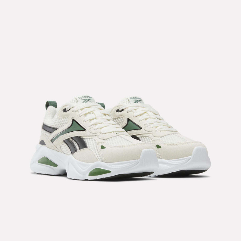 Off-white Reebok Charge Shoes - Big Kids with green and grey side accents and chunky white soles for a running-inspired look.