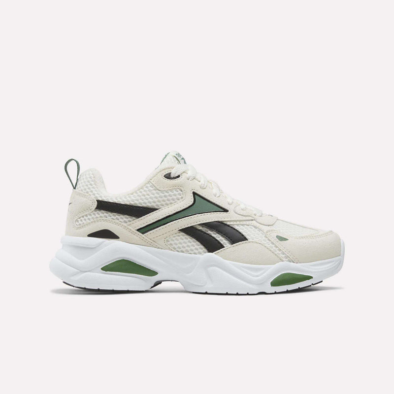 Off-white Reebok Charge Shoes - Big Kids running-inspired shoe with black and green accents and a thick white sole.