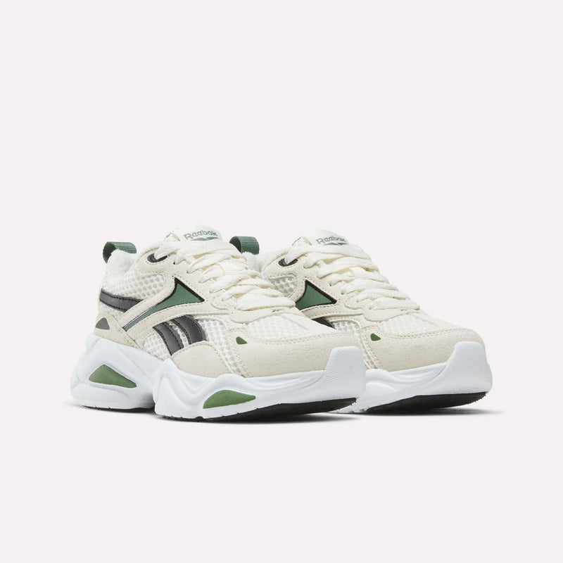 Off-white Reebok Charge Shoes - Little Kids with green and black accents and thick white soles.