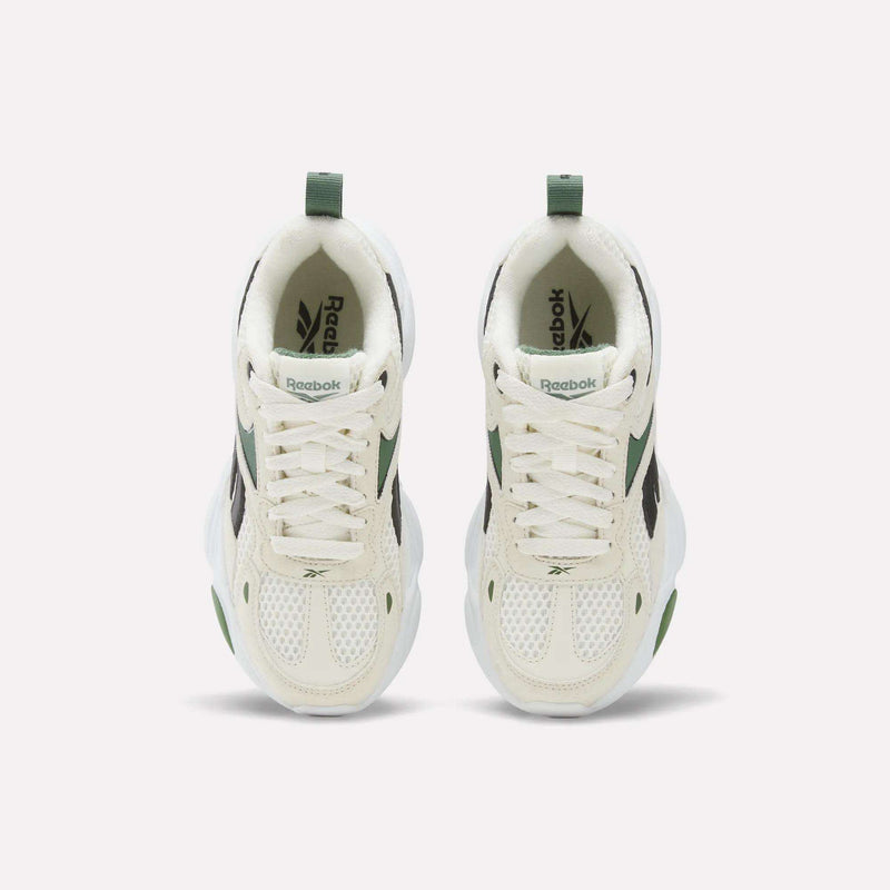 Top view of off-white and dark green Reebok Charge Shoes - Little Kids with mesh panels and thick white soles.
