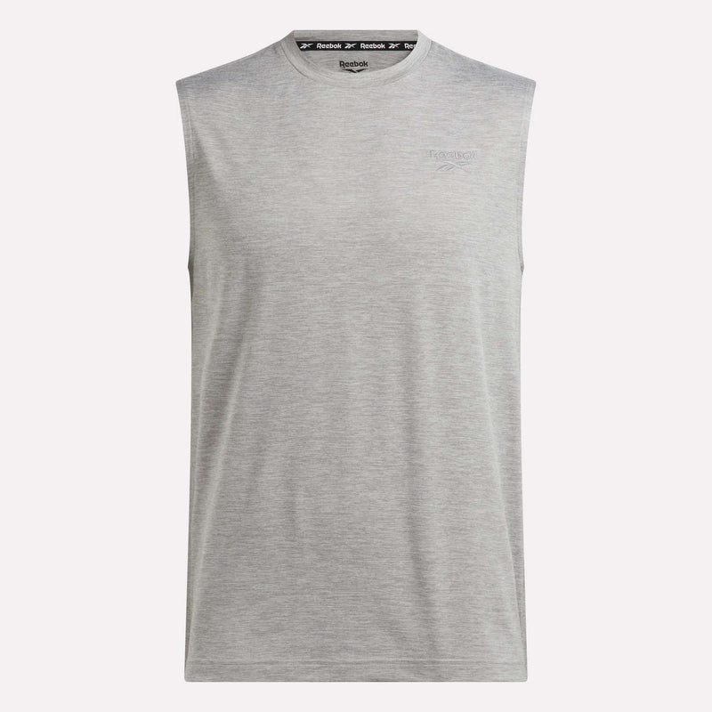 The Men's Elite Sleeveless Top by Reebok is shown in light heather gray, featuring a crew neck and a subtle Reebok logo on the left chest. This athletic sleeveless tee is displayed on a plain white background.