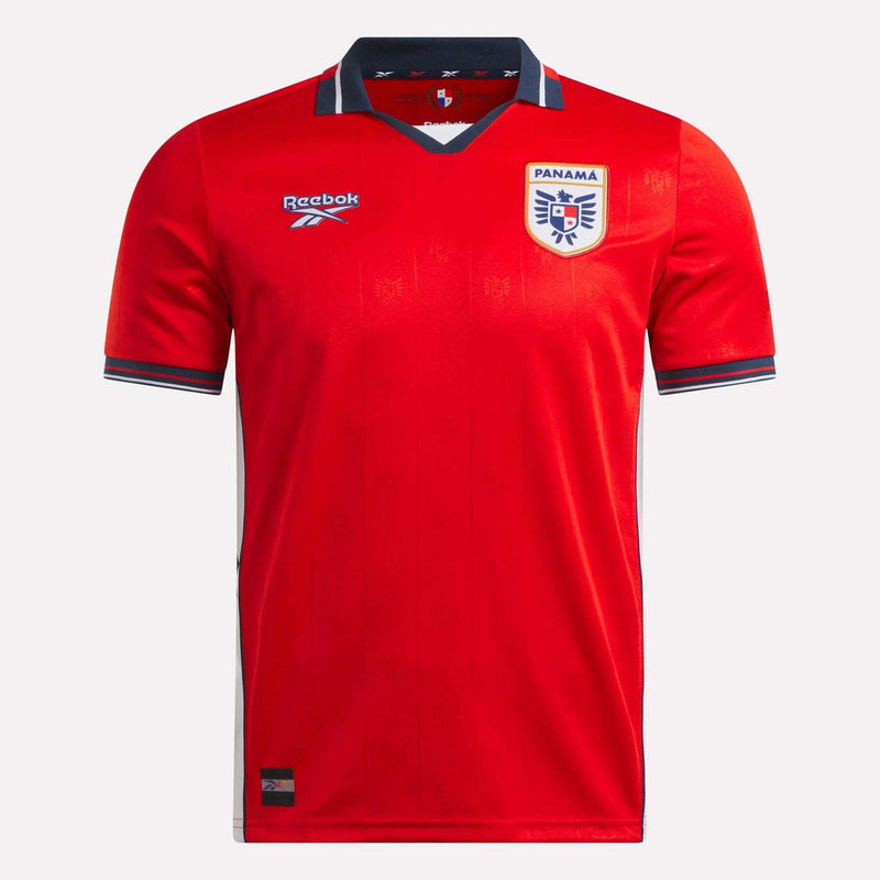 The Men's Panama Home Jersey by Reebok features a retro red design with blue and white accents, the national team badge, a blue button collar, and distinctive sleeve trim for an authentic look.