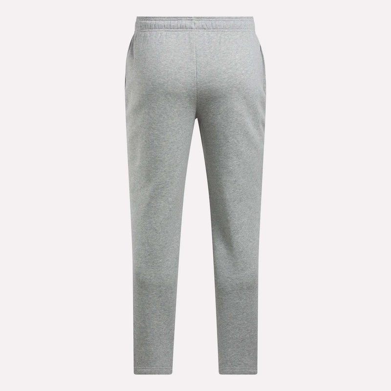 Men’s Patent Pants by Reebok in light grey are displayed from the front on a plain white background. These pants have an adjustable waistband and straight legs, showcasing a simple, casual design.