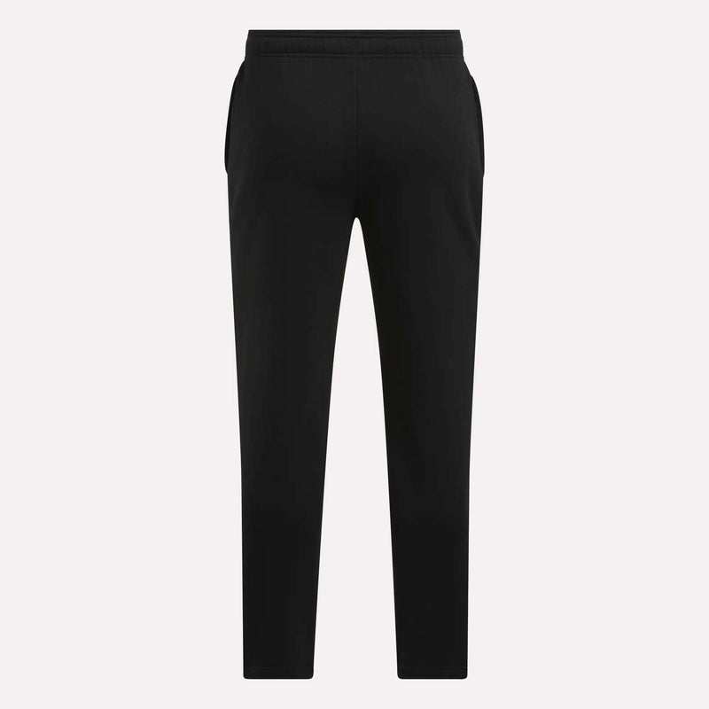 Men’s Patent Pants by Reebok in black, featuring a slim-fit jogger style and an adjustable elastic waistband, shown from the back against a plain white background.