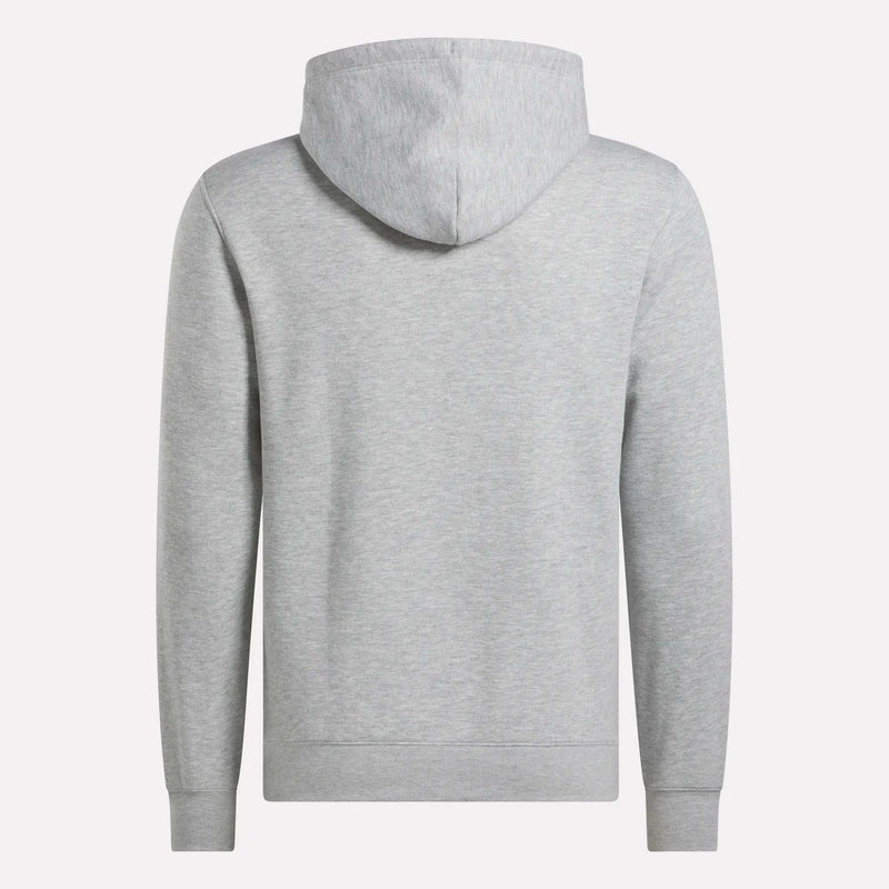 Back view of the Reebok Men’s Finisher Hoodie in light gray, featuring long sleeves and displayed against a white background—a comfortable everyday hoodie option.