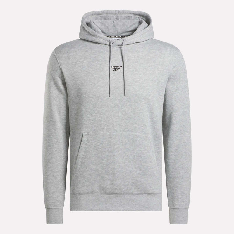 Introducing the Men’s Finisher Hoodie by Reebok in light gray, featuring a front pocket, drawstring hood, and the iconic Reebok logo centered on the chest. This comfortable hoodie is showcased against a plain white background.