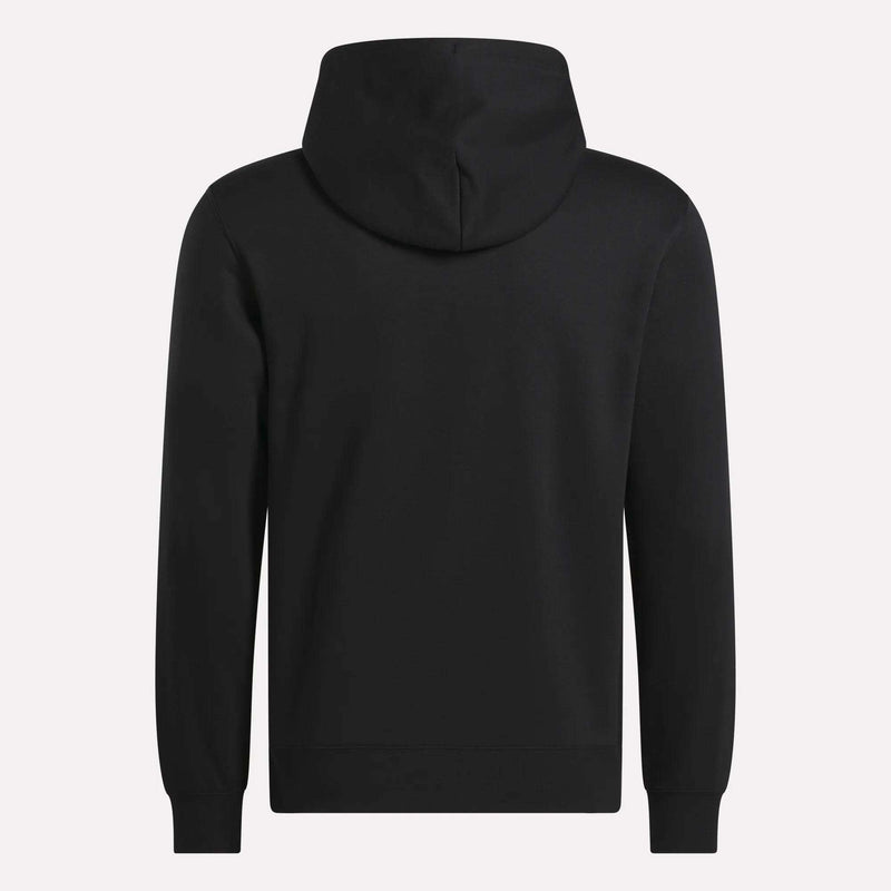 A Men’s Finisher Hoodie by Reebok is shown from the back against a light gray background, featuring a plain black design with long sleeves, ribbed cuffs, and a hood. This comfortable Reebok hoodie is perfect for everyday wear.
