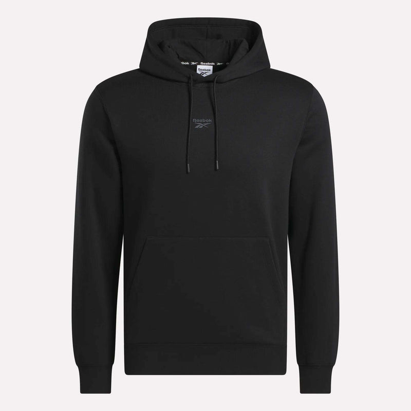 The Men’s Finisher Hoodie by Reebok is a plain black hoodie featuring a front pouch pocket, drawstring hood, and a small Reebok logo on the chest. This comfortable men’s hoodie is shown against a white background.