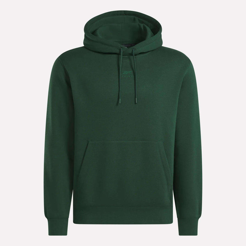 The Reebok Men’s Finisher Hoodie, shown in a plain dark green color with a front pocket and drawstrings against a white background, provides a comfortable everyday option for men.
