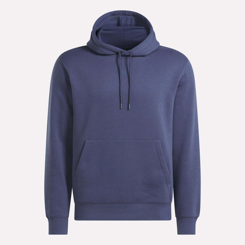 The Reebok Men’s Finisher Hoodie, shown in plain navy blue with a front pocket and drawstrings against a white background, offers comfort and style that’s perfect for everyday wear.