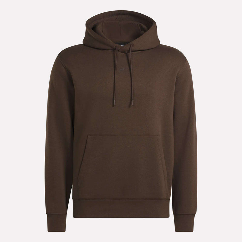 The Men’s Finisher Hoodie by Reebok is a comfortable, plain brown hoodie for men featuring a front pocket and drawstrings, shown against a white background.