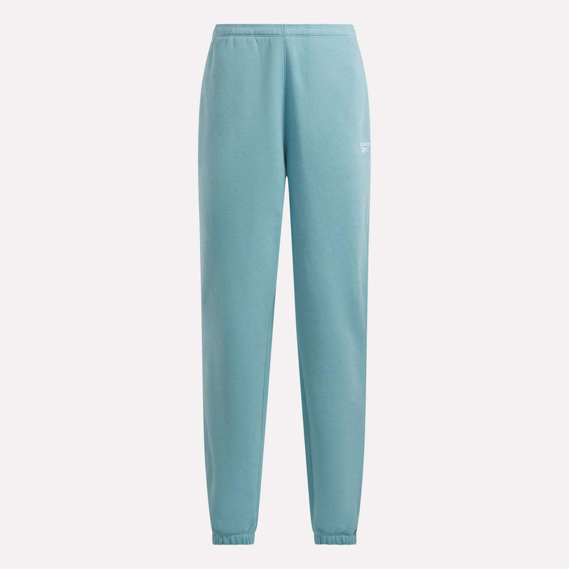 The Women’s Cinched Sweatpants by Reebok are light blue with an elastic waistband, ankle cuffs, and a small white logo on the upper left thigh, shown on a plain white background.