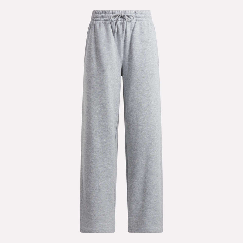 Women’s Wide-Leg Sweatpants by Reebok in light gray, featuring an elastic waistband with drawstring and a relaxed wide-leg silhouette, shown against a plain white background.
