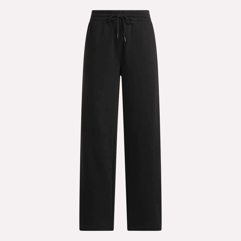 Reebok Women’s Wide-Leg Sweatpants, featuring an elastic waistband and drawstring for a relaxed women’s fit, are displayed against a plain light background.