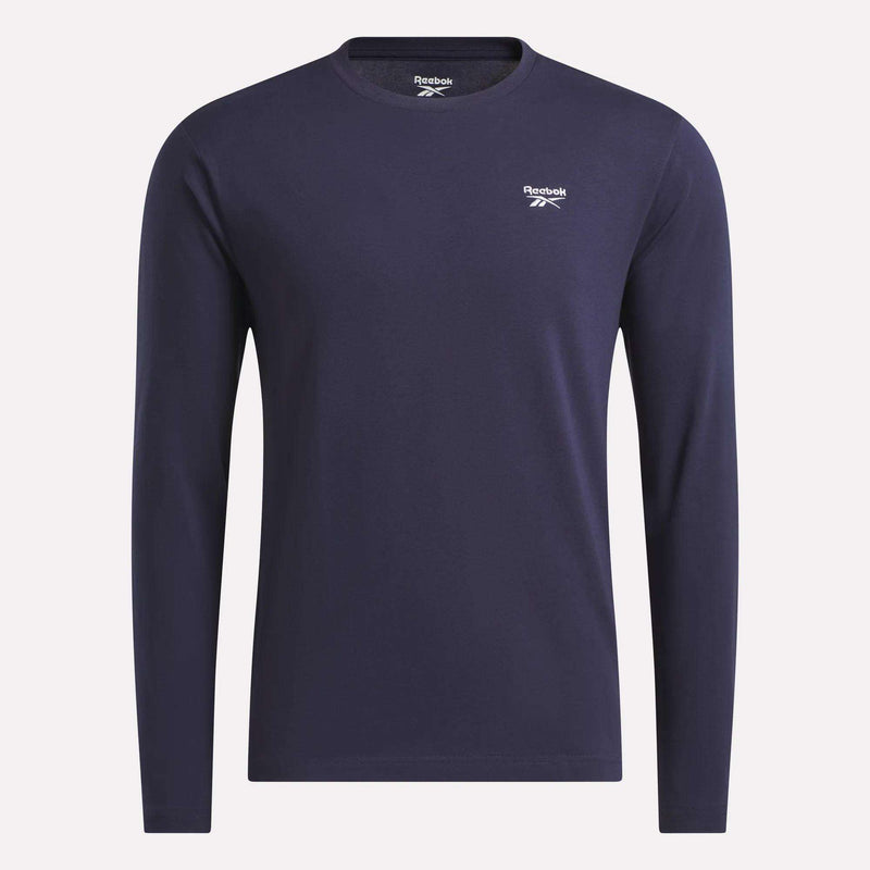 Vector Navy Men’s Session Long Sleeve Tee by Reebok with a crew neck and a small white logo on the chest, designed for all-day comfort.