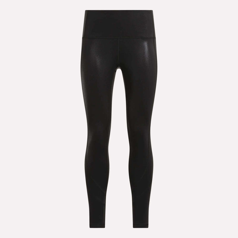 Women’s Chrome 7/8 Leggings by Reebok in black, high-waisted with a full-length faux leather look, showcased on a plain white background and featuring moisture-managing technology for optimal comfort during workouts.
