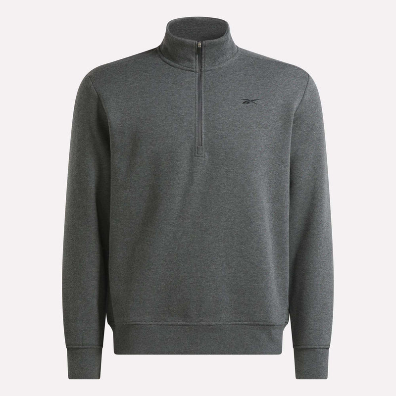 Charcoal Heather Men’s Quarter Zip Sweatshirt by Reebok featuring a mockneck, quarter-zip design, and a small logo on the left chest.