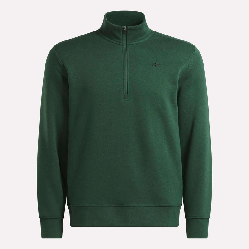 Heritage Green Men’s Quarter Zip Sweatshirt by Reebok featuring a mockneck, long sleeves, and zip pockets.