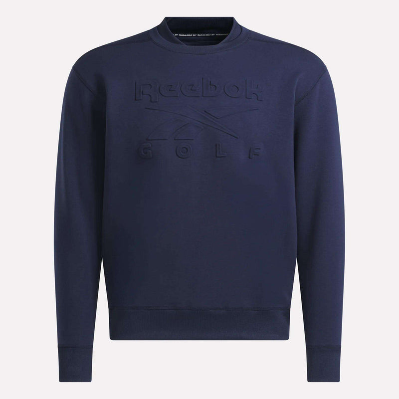 The Men's Signature Golf Crewneck Sweatshirt by Reebok is a navy blue pullover designed for men, featuring the Reebok Golf name and logo embossed on the front. This quick-drying crewneck sweatshirt offers comfort and performance both on and off the golf course.